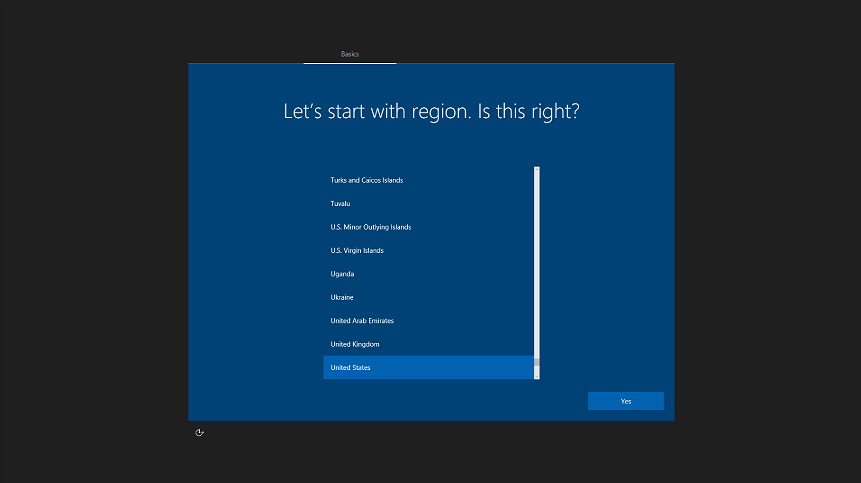 OOBE 電腦設定 Windows 10 第一個畫面的範例螢幕快照。美國 選取為區域，且 [是] 按鈕為作用中。