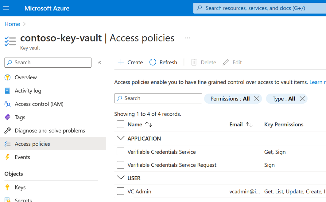 Screenshot of key vault access policies for security principals.