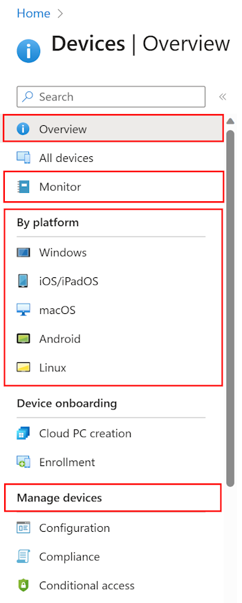 顯示如何選取 [裝置] 的螢幕快照，以查看您可以在 Microsoft Intune 中設定和管理的內容。