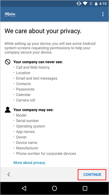 公司入口網站 的範例影像：我們關心您的隱私權畫面，並醒目提示 [繼續] 按鈕。