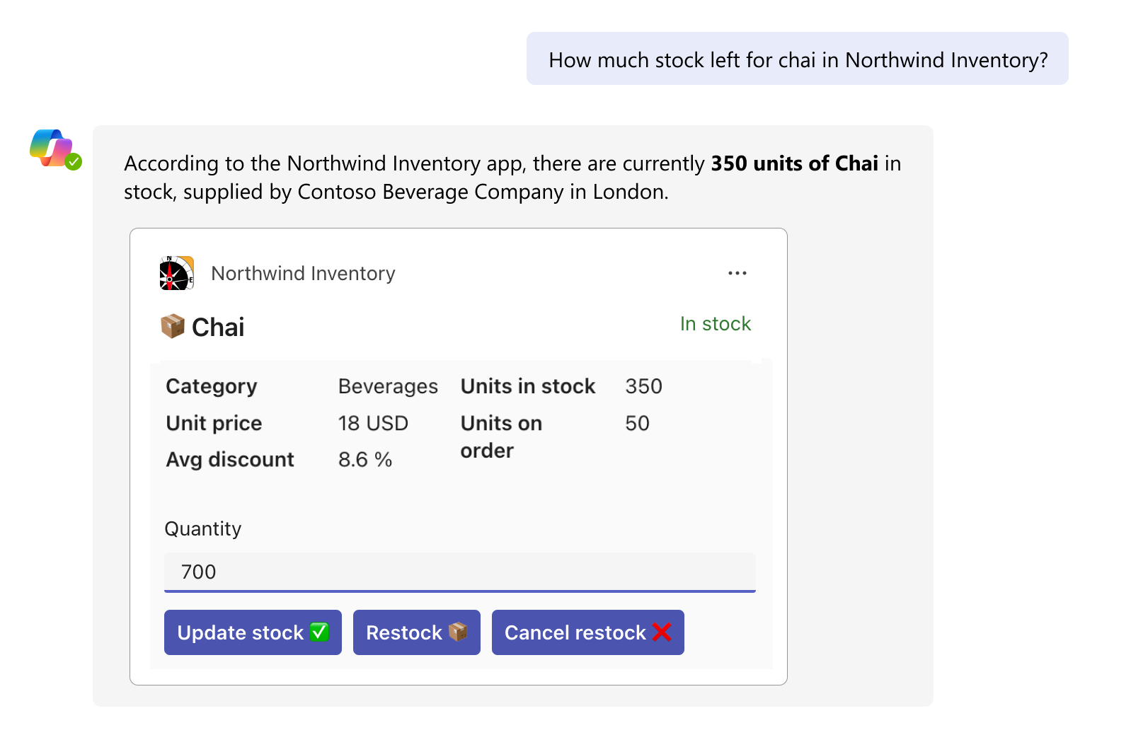 Graphic shows an example of the Update Stock, restock, and Cancel restock action buttons in an Adaptive Card response in M365 Chat.