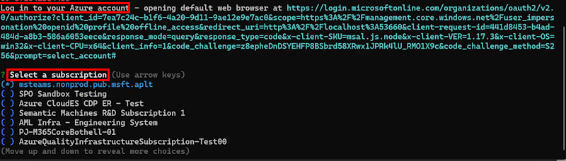 Screenshot shows the login to Azure and select a subscription option in the CLI window.