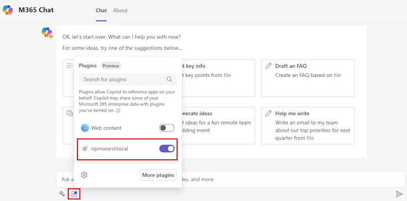 Screenshot shows the Plugin option, list of plugins, and the toggle enabled for bot-based-ME-test-local plugin.