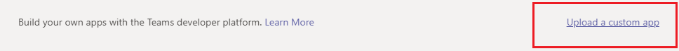 Screenshot shows the Teams apps with Upload a custom app highlighted in red.