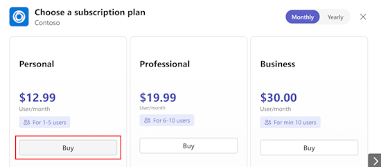 Screenshot shows selecting the appropriate subscription plan.