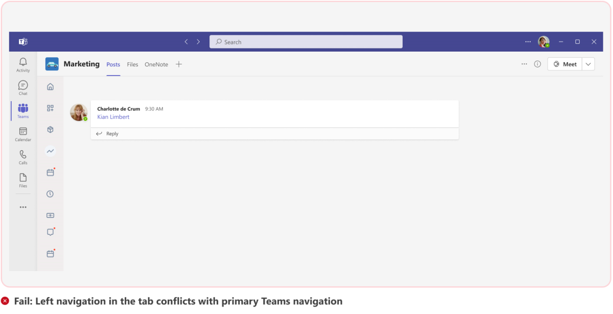 Graphic shows an example of left navigation rail that conflicts with the primary Teams navigation.
