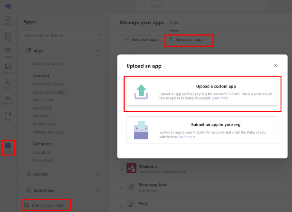 Screenshot showing the selection of Upload a custom app highlighted in red.