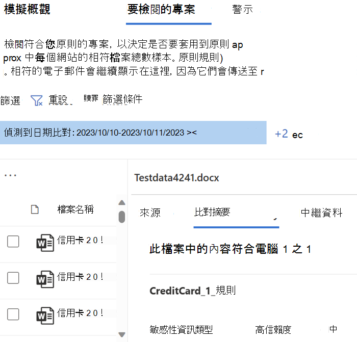 要檢閱之專案索引標籤的螢幕快照。它會顯示在模擬中符合原則的專案一般清單，並可讓您讀取來源專案以及項目元數據