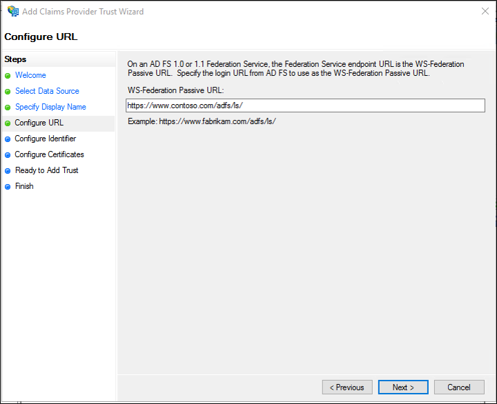 Screenshot that shows where to specify the WS-Federation Passive U R L.