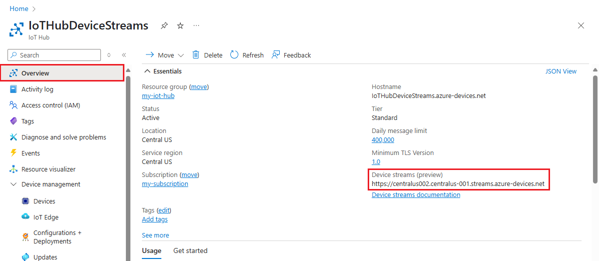 Azure 门户中 IoT 中心的工作窗格的屏幕截图，其中突出显示了设备流式处理终结点的主机名。