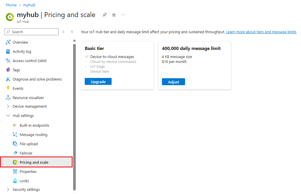 显示 IoT 中心的定价和缩放页的屏幕截图。