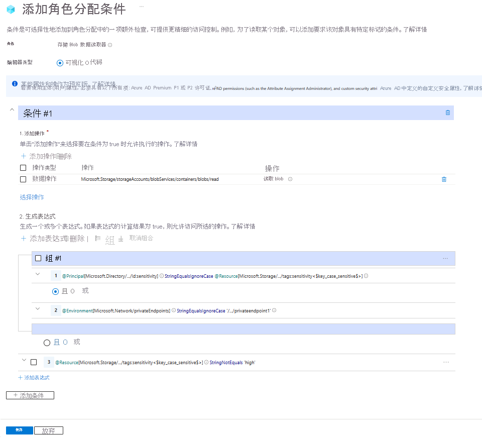 Azure 门户中条件编辑器的屏幕截图，其中显示了允许已标记用户通过特定专用终结点进行读取访问。