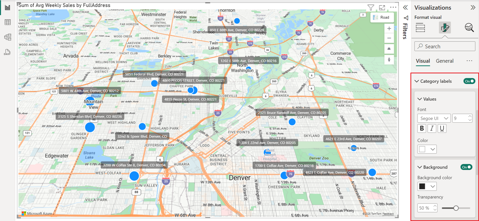 显示 Power BI 中 Azure Maps 地图上的类别标签的屏幕截图。