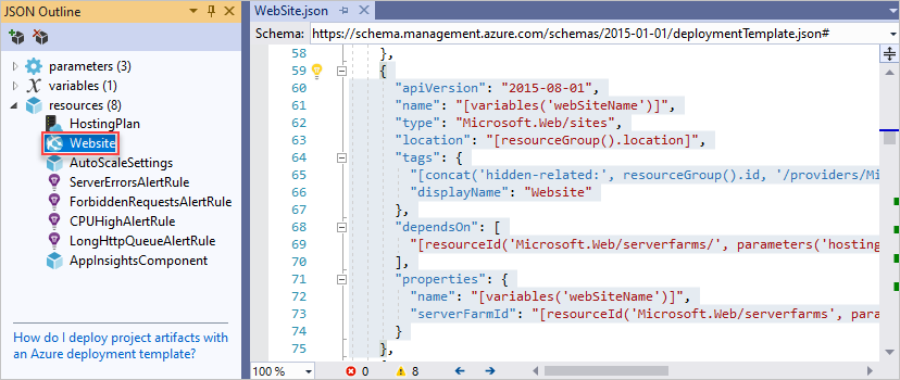 Visual Studio 编辑器的屏幕截图，选中 JSON 大纲窗口中的元素。
