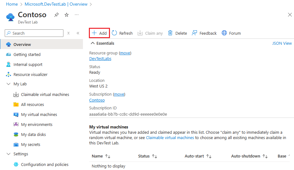实验室“概述”页的屏幕截图，其中突出显示了“添加”。