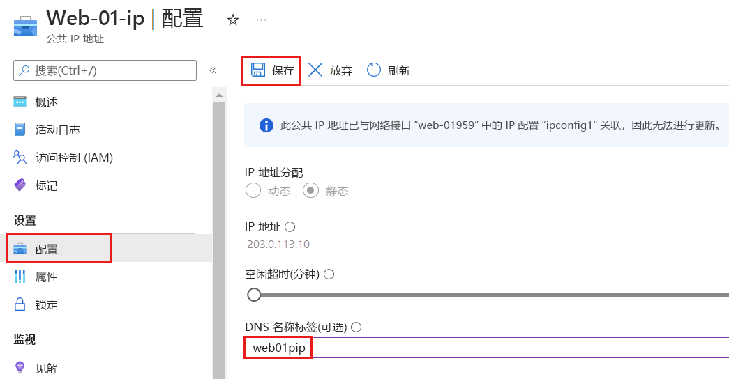 Azure 公共 IP 地址配置页的屏幕截图,其中显示了 DNS 名称标签。