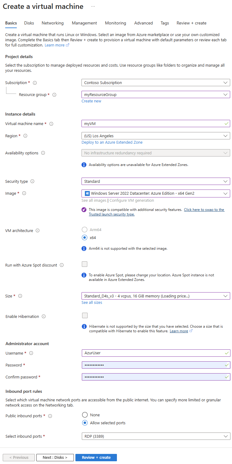 显示用于在 Azure 扩展区域中创建虚拟机的“基本信息”选项卡的屏幕截图。
