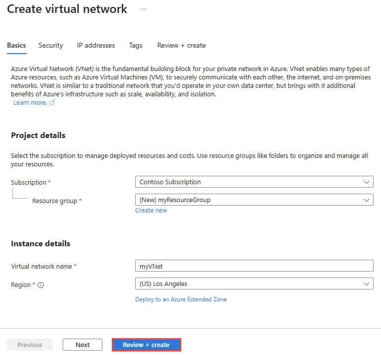 显示在选择扩展区域后用于创建虚拟网络的“基本信息”选项卡的屏幕截图。