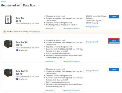屏幕截图显示用于选择 Azure Data Box 产品的屏幕。突出显示了 Data Box 的“选择”按钮。
