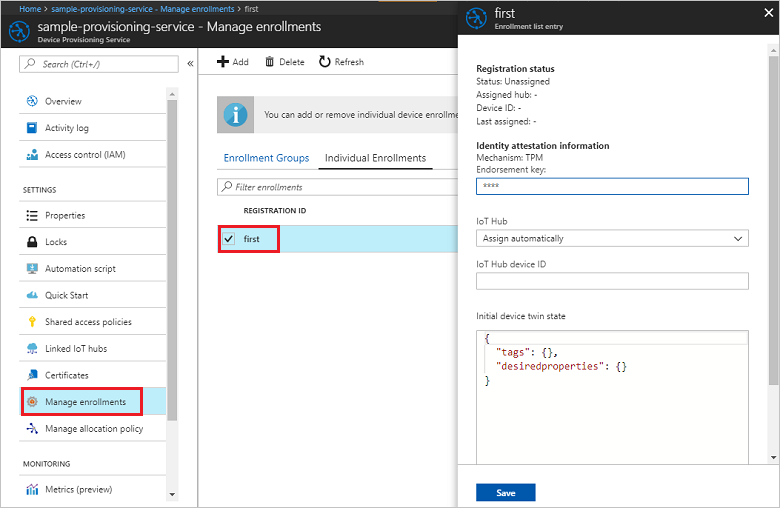 Screenshot that shows verifying enrollment for a Node.js individual device in the portal.