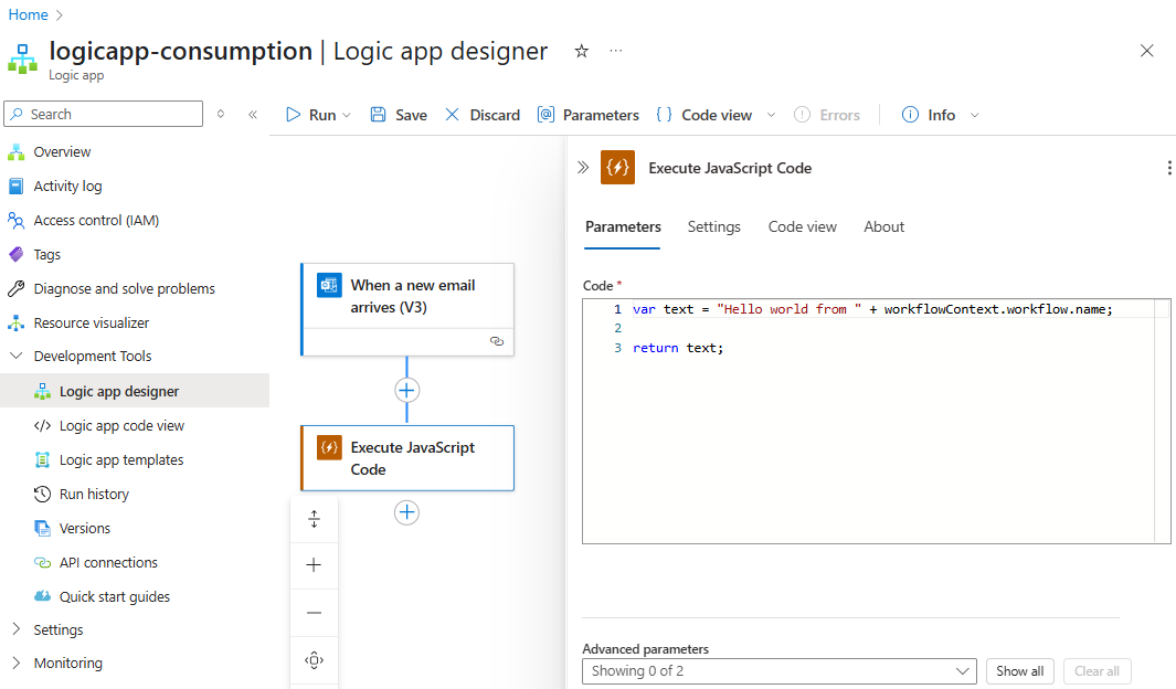 显示使用“执行 JavaScript 代码”操作的示例消耗型工作流的屏幕截图。