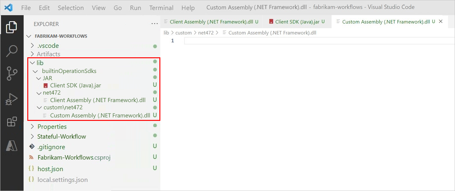 此屏幕截图显示了 Visual Studio Code、逻辑应用项目和程序集的上传位置。