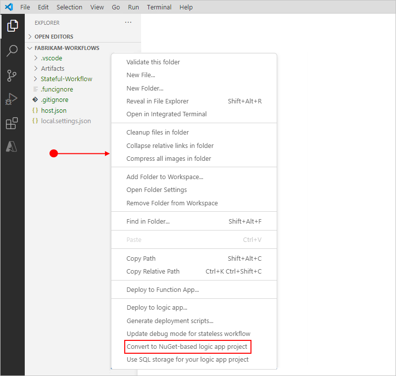 屏幕截图显示了“资源管理器”窗格,其中包含从项目窗口中的空白区域打开的项目快捷菜单。