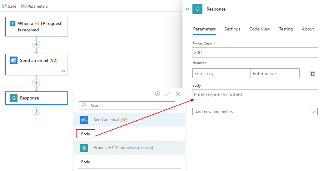 屏幕截图显示了打开的动态内容列表,在列表中的“发送电子邮件”标头下,“正文”输出值处于选中状态。