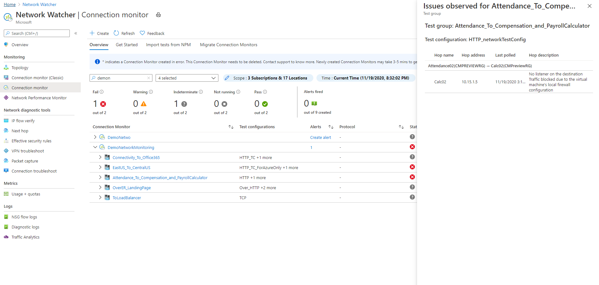 显示连接监视器、测试或测试组失败原因的屏幕截图。