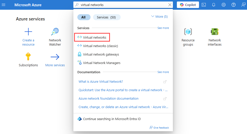屏幕截图显示如何在 Azure 门户中搜索虚拟网络。