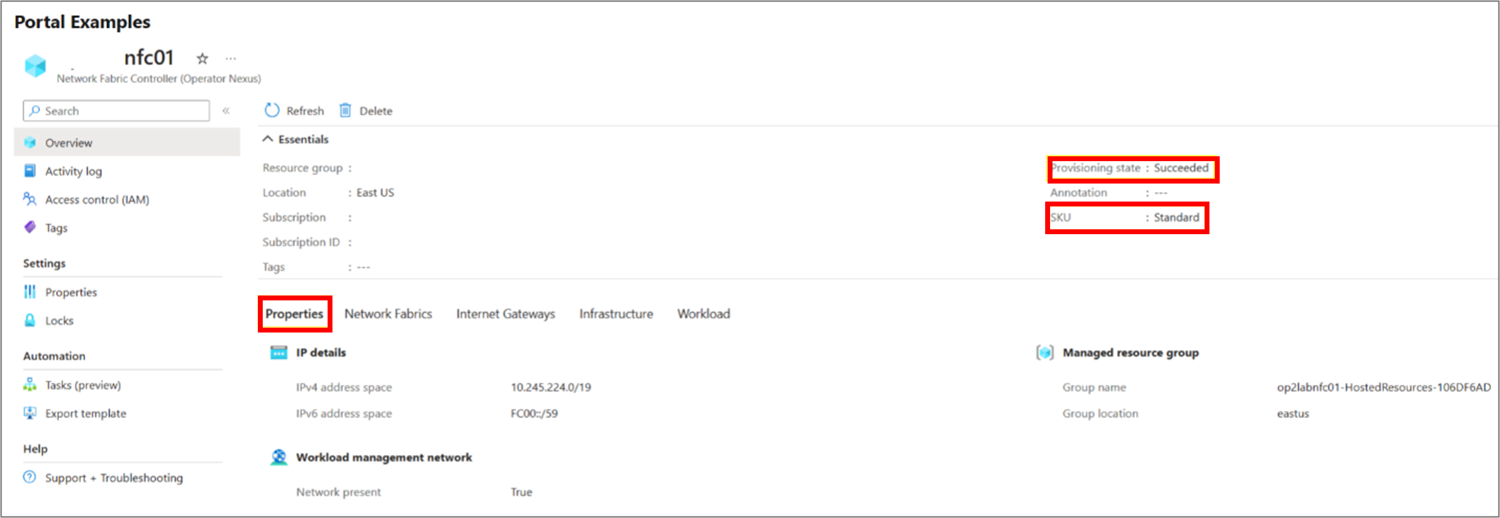 Azure 门户界面的屏幕截图，其中显示了网络结构控制器的概述。