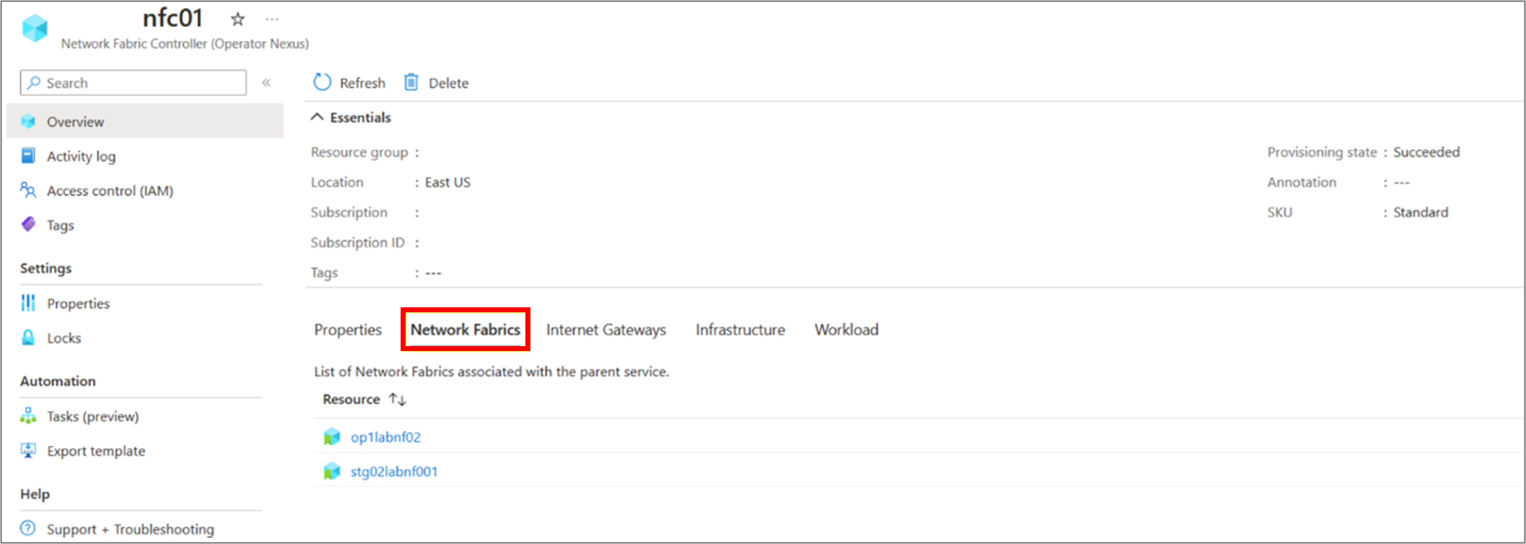 Azure 门户界面的屏幕截图，其中突出显示了 Network Fabric 控制器属性页的“网络结构”部分。