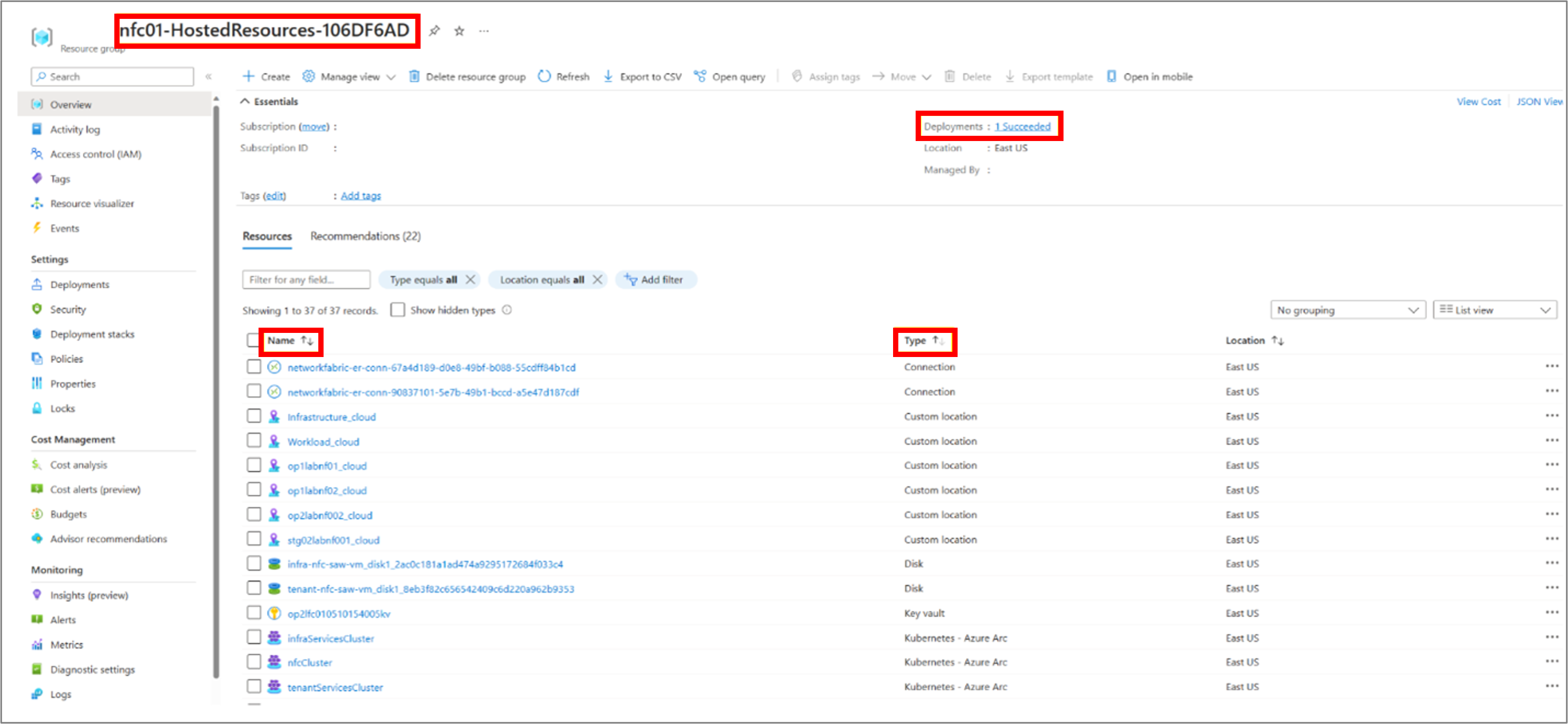 Azure 门户中的屏幕截图，其中显示了美国东部位置的成功部署。