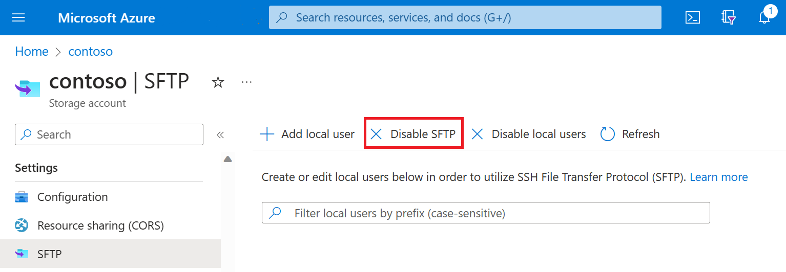 禁用 SFTP 按钮的屏幕截图。