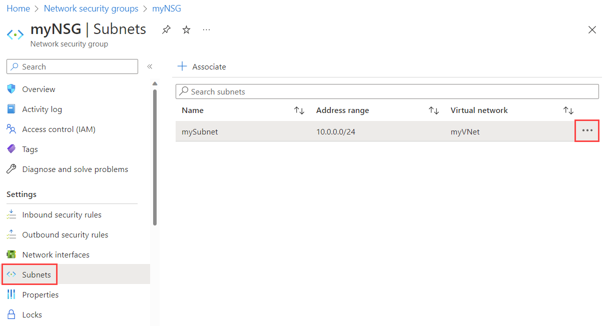 在 Azure 门户将 NSG 与子网取消关联的屏幕截图。