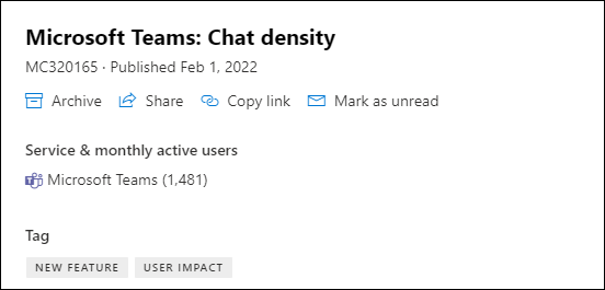 屏幕截图：显示消息中心帖子中的Microsoft Teams 聊天密度页面，其中包含每月活动用户数据