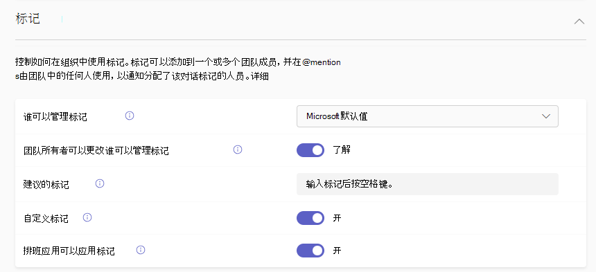 Microsoft Teams 管理中心中的标记设置的屏幕截图。