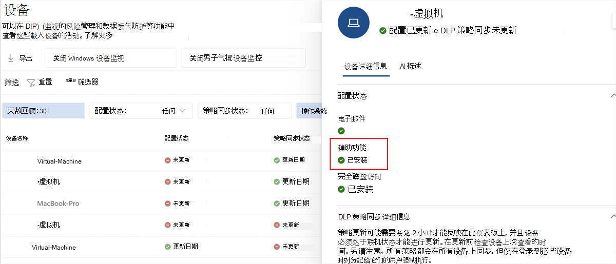 Microsoft Purview 设备详细信息的屏幕截图，其中显示了具有“已安装”状态的辅助功能。
