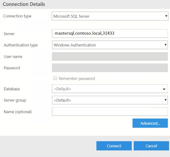 “在 Azure Data Studio 中连接到 SQL Server”对话框