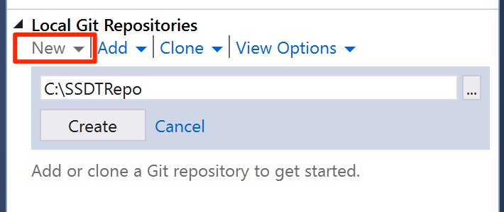 “本地 Git 存储库”部分的屏幕截图，其中标出了“新建”选项。