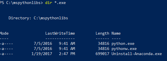 PowerShell 终端的屏幕截图，其中显示了运行 dir *.exe 所生成的 Python 可执行文件列表。