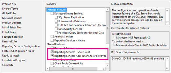 “功能选择”页面的屏幕截图，其中选择了“Reporting Services - SharePoint”和“用于 SharePoint 产品的 Reporting Services 加载项”选项。