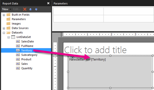 显示如何将“Territory”字段拖到报表生成器自由格式报表中的屏幕截图。