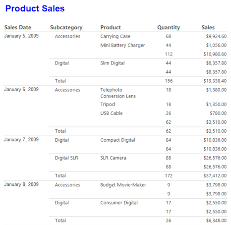 本教程中所准备示例表格报表的屏幕截图，其中显示了产品销售数据。