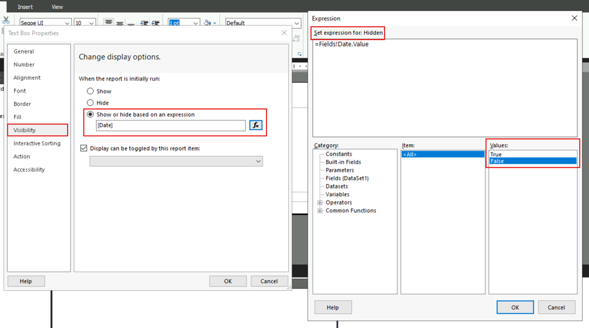 屏幕截图,其中显示了“文本框属性”对话框和“表达式”对话框。
