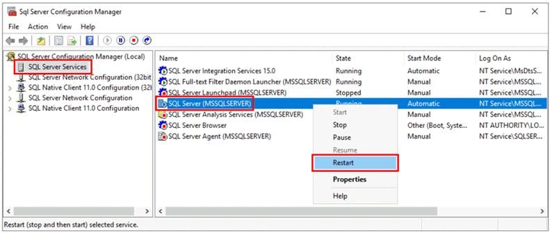 这是一个显示SQL Server重启命令调用的截图。