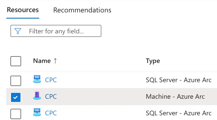 门户中已启用 Azure Arc 的资源列表的屏幕截图。