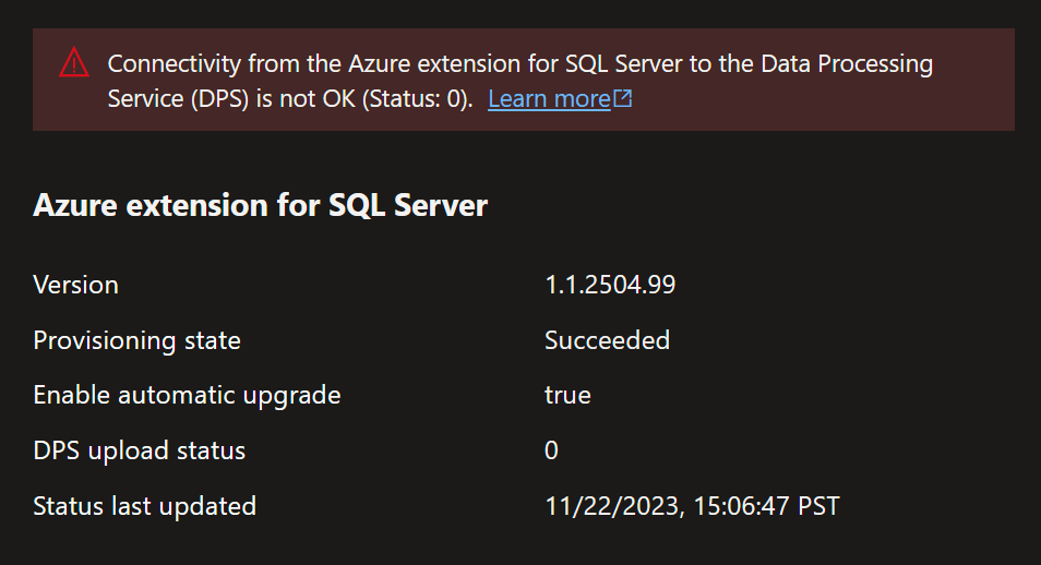 处于不正常状态的适用于 SQL Server 的 Azure 扩展门户的屏幕截图。