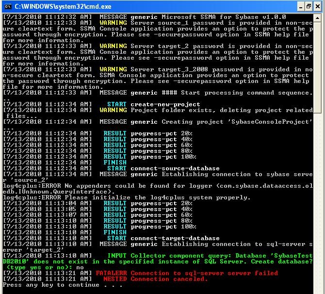 SSMAConsoleOutput_Sybase Screenshot showing an example of SSMA Console Sybase output.