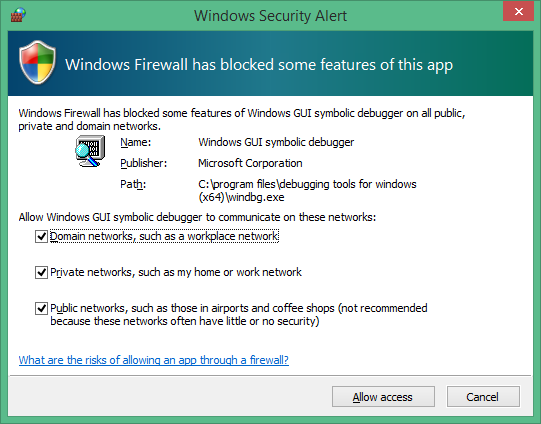 Windows 安全警报的屏幕截图，指示 Windows 防火墙已阻止应用的某些功能。